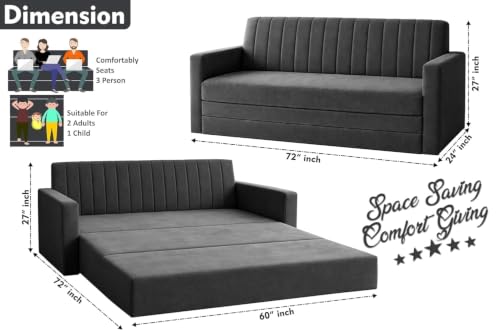 Image of Rosebell Foldable Sofa-Cum-Bed | Three-in-One Sofa Couch with Armrest | Modern Fabric Sofa for Living Room, Bedroom & Office-Black-Color