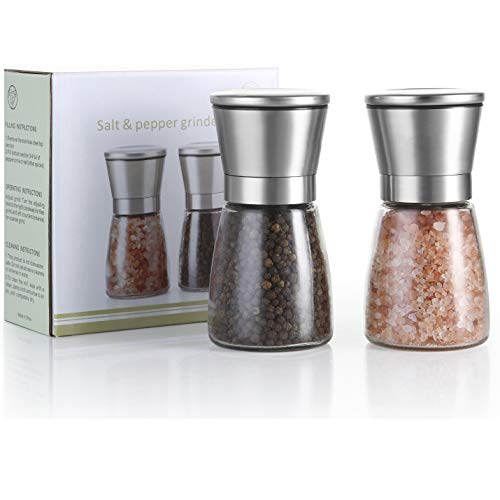 TGY Salt and Pepper Grinder Set of 2 Adjustable Coarseness Salt & Pepper Shakers Glass Mill Brushed