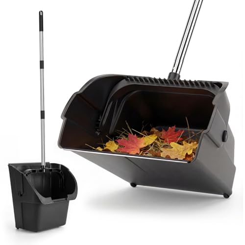 Jumbo Commercial Dustpan with Wheels & Comb Teeth - Heavy Duty 14.2 Rolling Debris Pan - Long Handle Extra Large Upright Dust Pan for Industrial Warehouse Garage Restaurant Sidewalk Outdoor - Black