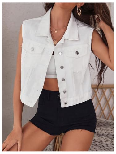Verdusa Women's Sleeveless Button Front V Neck Denim Crop Vest with Flap Pocket3