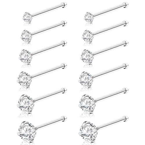 WINSENET 12Pcs Nose Rings Studs 22G Nose Studs Stianless Steel Nose Rings for Women Hypoallergenic Nose Piercings Jewelry Silver