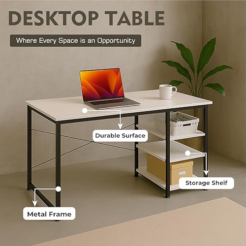 Image of Callas Computer Desk with Side Storage Shelves for Home Office, Study Table for Laptop, Writing & Workstation - Sturdy Metal Frame & Wooden Top (ST-24-White) (White, ST-24)