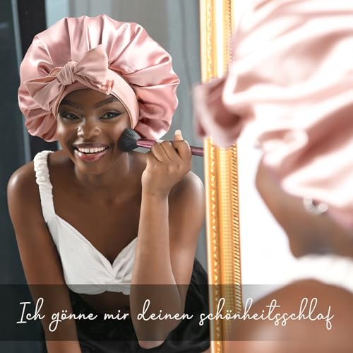 YANIBEST Seidenschlafmütze für Frauen, doppellagige, mit Satin gefütterte Haube mit Bindeband für lockiges Haar