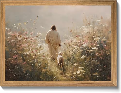 Jesus Wall Art Framed Canvas 8x10 Inch, The Lost Sheep Bible Story Christian Wall Decor, Good Shepherd Wildflowers Painting, Religious Artwork for Bedroom Prayer Room Church Home