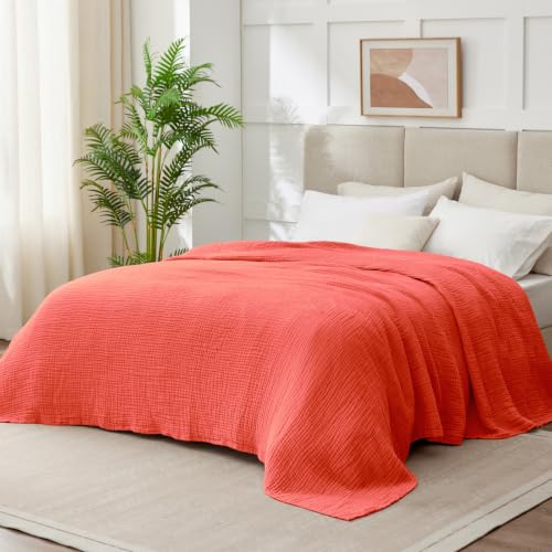 Image of 100% Cotton Muslin Blanket for Adults, 6-Layer, King, 108 x 90, Coral