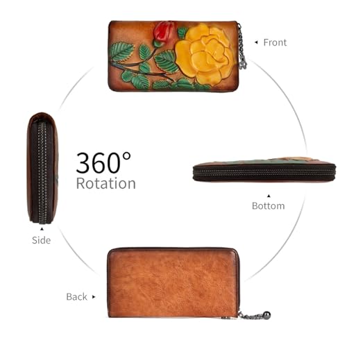 Image of Wallet Genuine Leather for Women - with RFID Blocking Card checkbook ID Slot Large Capacity Vintage style (big rose brown)