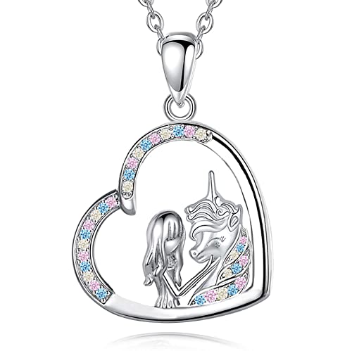 Yuluzeln Einhorn Kette Mädchen,Sterling Silber Einhorn Anhänger, Einhorn Schmuck Geschenke für Mädchen Frauen Tochter (Mädchen und Einhorn) Cover