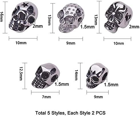UNICRAFTALE 10pcs 5 Styles Stainless Steel Skull Head Beads Antique Silver & Stainless Steel Color Skull Spacer Beads Small Hole Bead Finding Halloween Decoration for Bracelet Necklace Jewelry Making - Image 3