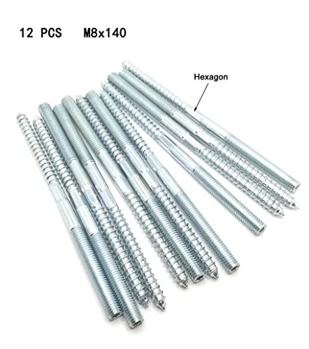 Image of Hanger Bolt M8x140 Silvery Double Headed Bolt Self-Tapping Screw with Hexagon for Furniture 12Pcs