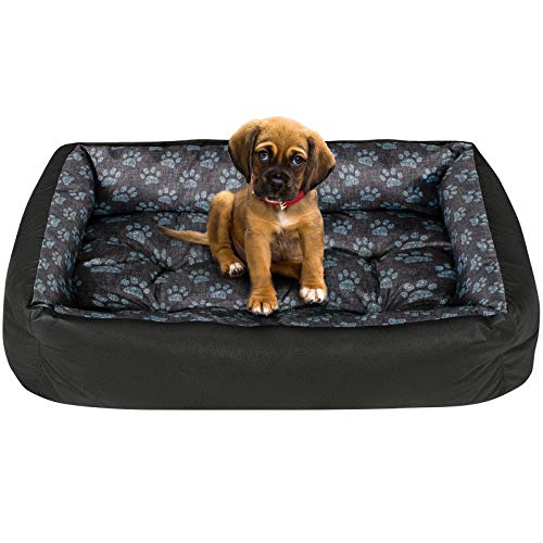 SuperKissen24. Hundebett Hundekorb Hundesofa Tierbett für Kleine, Mittlere und Grosse Hunde - Waschbar - Größe L - Schwarz und Grau - Pfoten aus flachs