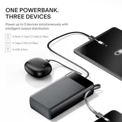 Image of boAt Apex PB445; in-Built Type-C Cable; 20000 mAh 2-Way PD 45W Fast Charging Powerbank with Triple Output; Premium Finish; for Android, iPhone 17 /16 /Pro, Samsung, iPad (Phantom Black)