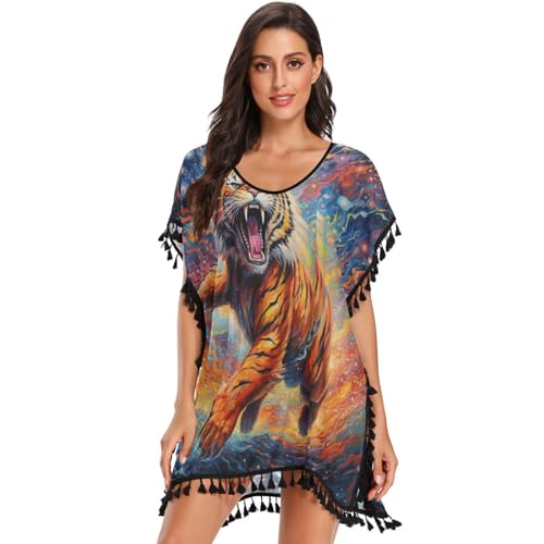 Artwork Cartoon Tiger Colorful Women's Beach Cover Up Chiffon Tassel Swimwear Swimsuit Coverups for Girl