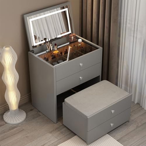 WHYATT Vanity Desk with Lighted Mirror, Makeup Vanity Table with 4 Drawers & Soft Cushioned Stool, Space Saving Dressing Table for Women Girls Bedroom (Color : Gray, Size : 70cm/27.5in)