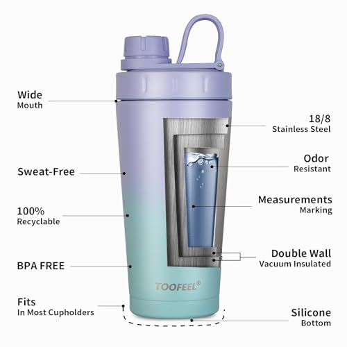Image of TOOFEEL Insulated Protein Shaker Bottle - 20 oz Double Walled Vacuum Metal, Keeps Cold /Hot, BPA Free Leakproof