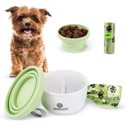 JARUKI® Comedero Bebedero Perro Portátil + Rollo Bolsas| Cuenco Plegable Perro con Doble Compartimento y Cuerda para Colgar | Ideal para Viajes y Paseos | Silicona Fácil de Limpiar (Verde)