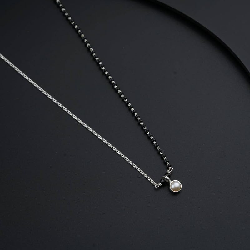 Image of 92.5 Silver Mangalsutra for Women | Handmade Half & Half Pearl Drop Silver Mangalsutra Made in with Black Beads | Silver Gift for Women
