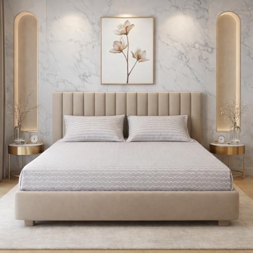 Image of THEA Elastic Fitted Double Bedsheet Set| 100% Cotton Like Soft Fabric | Double Bedsheet for Double Bed (72 X 78 x 6 inches) with 2 Pillow covers,Silver Ripple
