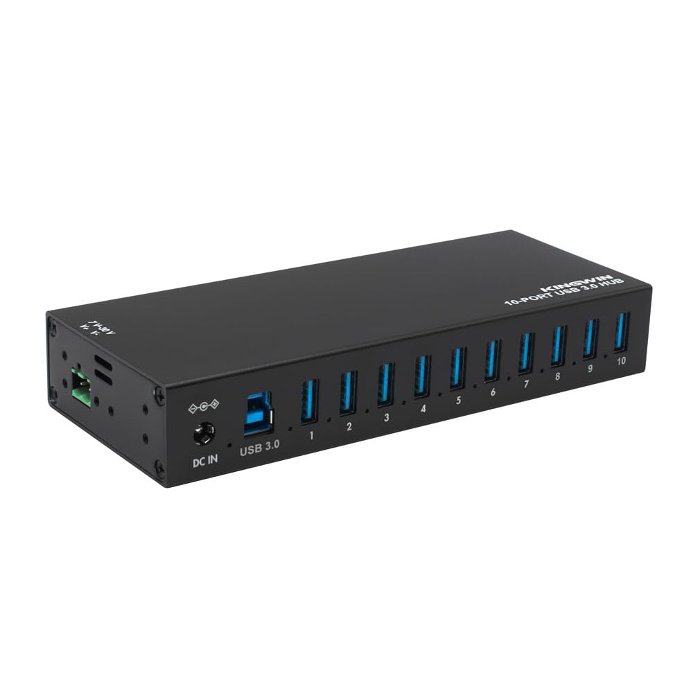 Kingwin Industrial USB 3 0 Hub 10-Port Heavy-Duty Metal Mountable USB Hub with Power Adapter 5Gbps SuperSpeed Powered