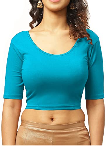 Image of THE BLAZZE 1303 Women's Cotton Scoop Neck Backless Elbow Sleeve Crop Top Readymade Saree Blouse for Women