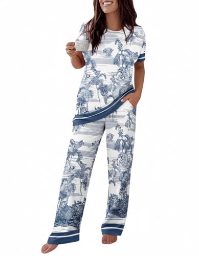 Image of CHICME Womens Pajamas Sets 2 Piece Short Sleeve Lounge Set Printed Loose Pants Pj Sets Loungewear Set