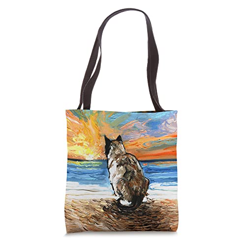 Bolso tote con ilustración de gato siamés Snowshoe en atardecer en la playa, por Aja miniatura 1