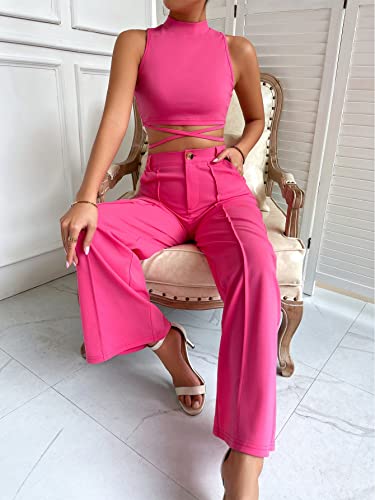 Makemechic Women's 2 Piece Outfits Mock Neck Criss Cross Crop Tank Top And Wide Leg Pants Set Hot Pink L #TOP2