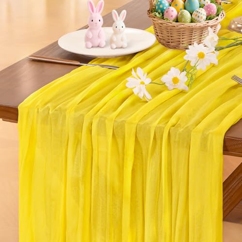 Image of Socomi Yellow Cheesecloth Table Runner Easter SpringBoho Rustic Gauze 120 inch 10FT Cheese Cloth Runner for Wedding Party Baby Shower Birthday Home Decor