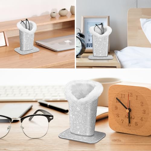 Fintie Plush Lined Eyeglasses Holder, Glasses Stand Case, Anti-scratch Glasses Storage Organizer for Desk, Nightstand, Office, Glittering Silver - Thumbnail 5