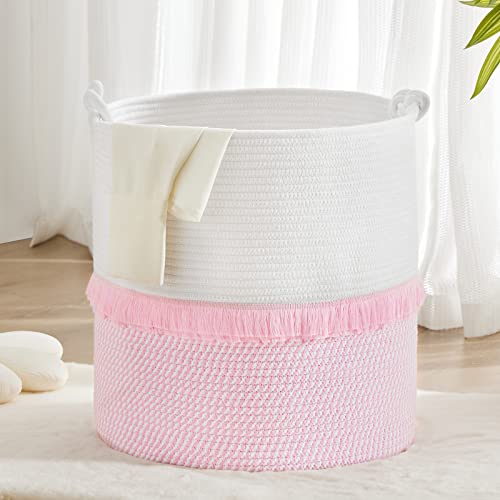Image of YOUDENOVA Woven Storage Basket, Baby Hamper for Nursery Girl, Pink Decorative Basket with Cute Knot Handles & Tassel, Boho Laundry Hamper for Baby Toys, Plants, Living Room, Bedroom, 16"×17"