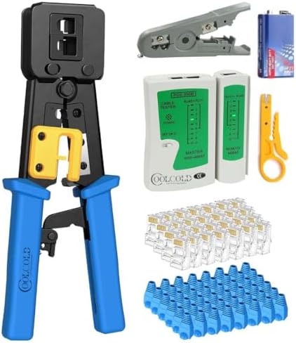COOLCOLD Pass Through RJ45 Crimping Tool Kit | RJ45 Cat6 Cat5e Ethernet Crimper with LAN Cable Tester + Battery, 20PCS Connectors, 20PCS Boots, Wire Stripper & Universal Stripping Tool (Multi-Color)