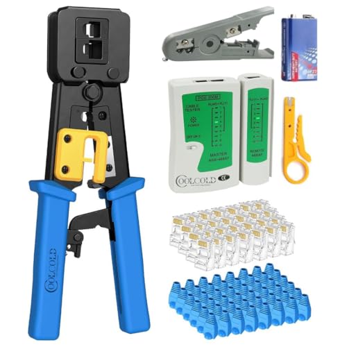 Image of COOLCOLD Pass Through RJ45 Crimping Tool Kit | RJ45 Cat6 Cat5e Ethernet Crimper with LAN Cable Tester + Battery, 20PCS Connectors, 20PCS Boots, Wire Stripper & Universal Stripping Tool (Multi-Color)