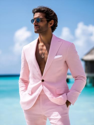 Men's 2 Pieces Linen Suits Casual Lightweight Summer Beach Groom Wedding Suit Linen Blazer Pants Set3
