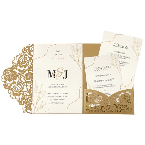 DORIS HOME 50pcs Laser Cut Wedding Invitation Pockets with Envelopes