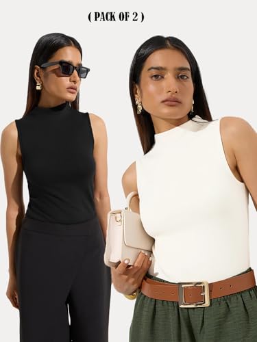 Image of KOTTY Women's Sleeveless High Neck Ribbed Tank Top Combo Pack of 2 Stylish Casual & Office Wear Tops