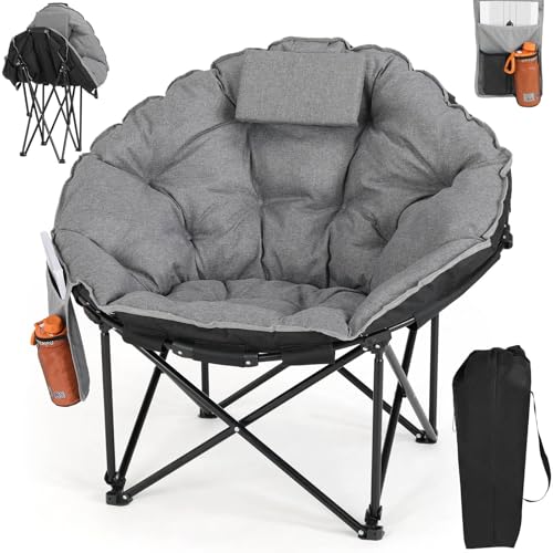 Clevich Folding Moon Chair Camping Chair with Cotton Padded Seat Headrest Portable Garden Chair Supports 150kg for Camping Fishing Beach Outdoor