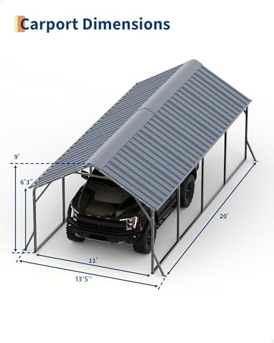 Image of Garveelife 11'x20'x9' Metal Carport, Heavy Duty Steel Car Ports for All-Weather, Vertical Roof Design, for Full-Size Pickup Trucks, Boats, and Tractors