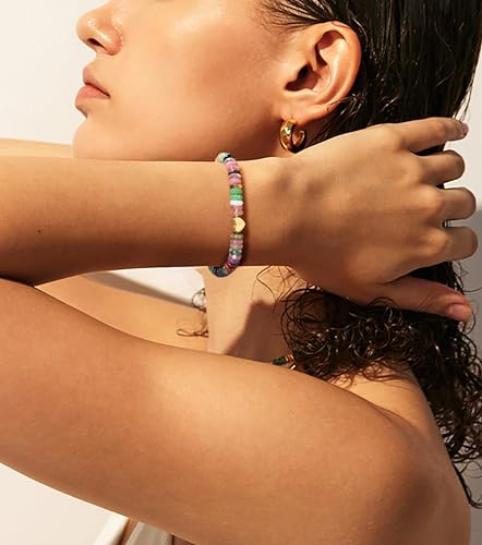 2 PCS Boho Beaded Stretch Bracelets for Women Natrue Stone Beads Gold-color Plated Heart Charm Surfer Bracelets Summer Beach Handmade Jewelry2