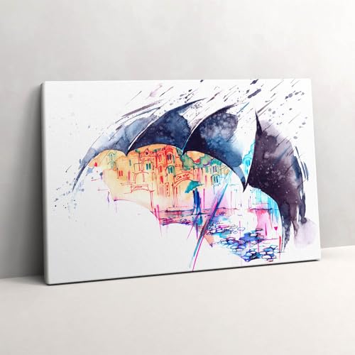 Tableau photo sur toile 60x40cm de pluie et parapluie en ville