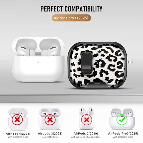 Image of Compatible Airpods Pro 3 Case (2025) with Phone Stand & Cleaner Kit,Cute Soft Silicone Lock Clip Apple AirPods Pro 3rd Generation Case, Airpod Pro 3 Cover with Keychain for Women /Girls,Leopard Print