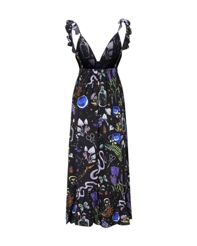 Image of Womens Summer Dresses Mystical Gothic Maxi Dress Women's Casual V Neck Sleeveless Sundresses Beach Outfits for Woman, Large Black