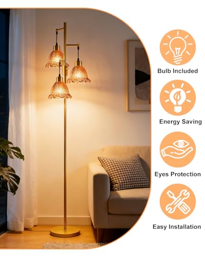 Image of Lightdot Glass Floor Lamps for Living Room, 3-Light Dimmable Floor Lamp with Rose Red Glass Shade& E12 Bulbs Included, Mid Century Standing Tall Lamp with 5Lbs Heavy Base for Bedroom /Sofa Beside-Gold