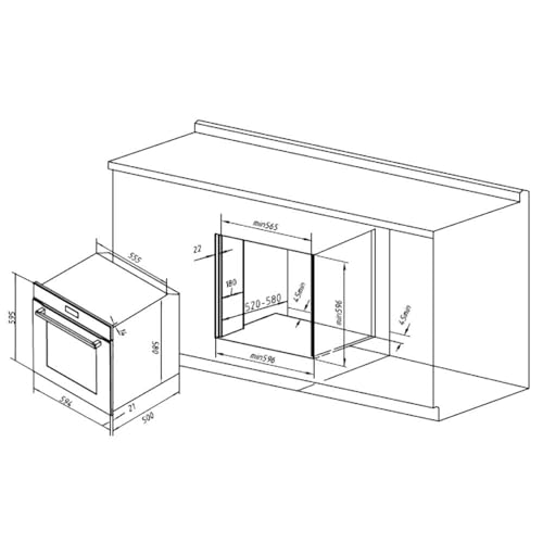 Esquema de instalación del horno Cecotec en un mueble de cocina, dimensiones necesarias para su colocación