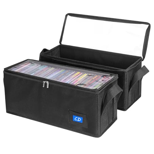 BOATISLE CD Case Holder with Handles and Clear Lid, 2-Pack Black CD Storage Box with Label Slots, Portable Organizer for Media Collection
