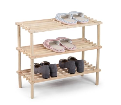 BM Scarpiera in Legno a 3 Ripiani – Portascarpe Salvaspazio, Scaffale Scarpe per Ingresso, Camera da Letto e Corridoio – Design Naturale e Robusto (Legno, 3 Ripiani)