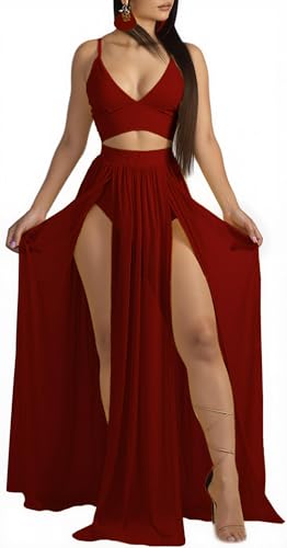 2 Piece Sets for Women Summer Sexy Double High Split Maxi Dresses Skirt Set Beach Swimwear Cover Ups Vacation Outfits