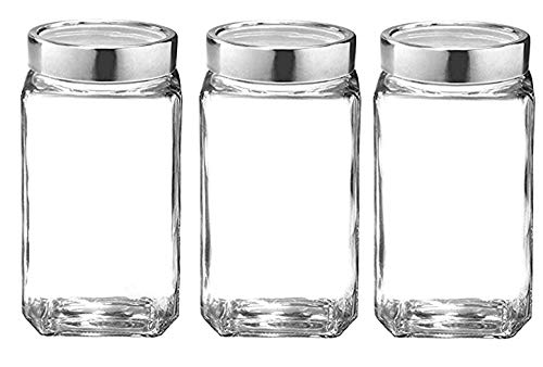 GOKRU Glass jars for kitchen storage With Air tight Lid , Cube Jar 1000 ml, Transparent (set of 3) ,Glassware
