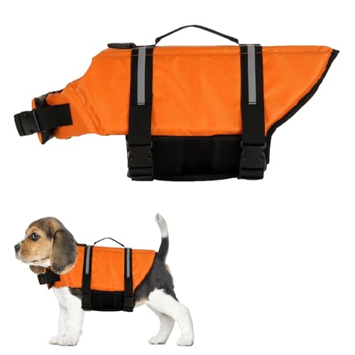 Satiskid Hunde Schwimmweste, Rettungsweste mit Auftrieb & Sicherheit für Kleine Hunde, XS, Mit Rettungsgriff & Reflektierenden Elementen für Wassersport und Strand (Orange)