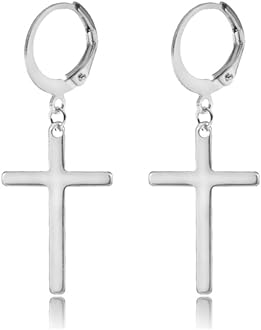 Blowin 2pcs Cross Dangle Stud Earrings Stainless Steel Cross Huggie Hoop Earrings Set for Men Women Birthday Christmas Valentine's Day Present