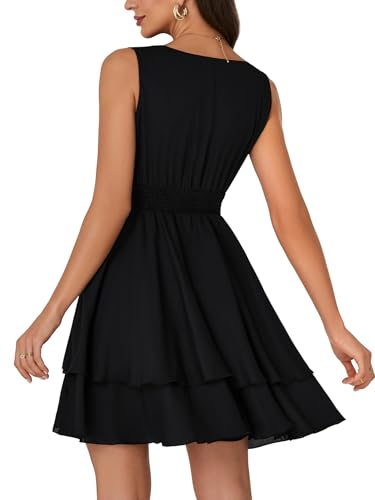 Image of Rooscier Women's Layer Ruffle Flowy Wrap V Neck Casual Dress Sleeveless Smocked Summer Mini Dress