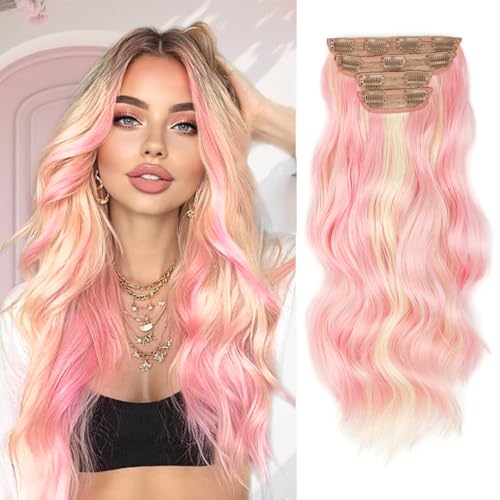Vigorous Clip in Hair Extensions in Dark Brown with Pink Highlight